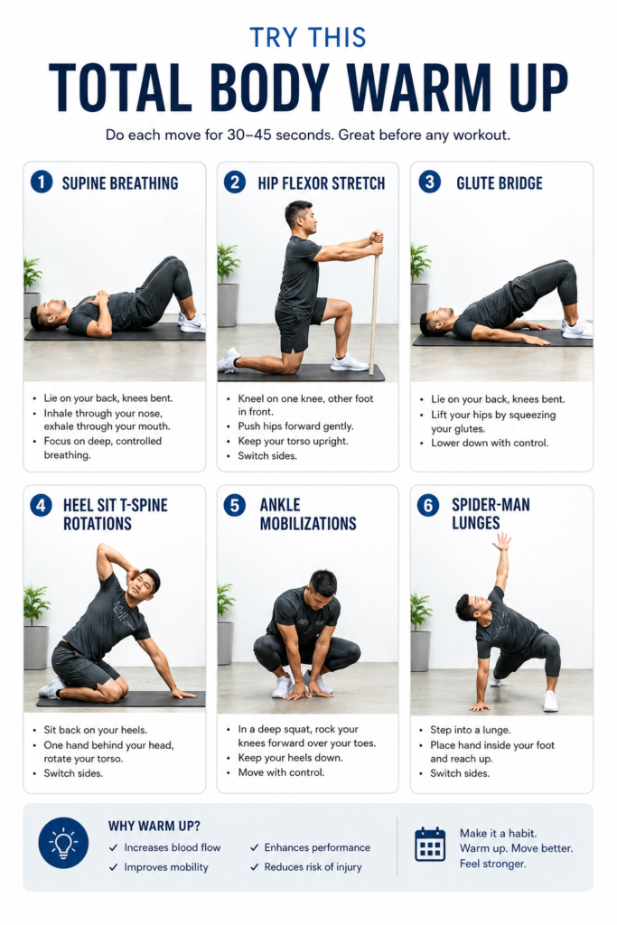 Total body warm-up routine with 6 exercises: supine breathing, hip flexor stretch, glute bridge, T-spine rotations, ankle mobilizations, and spider-man lunges