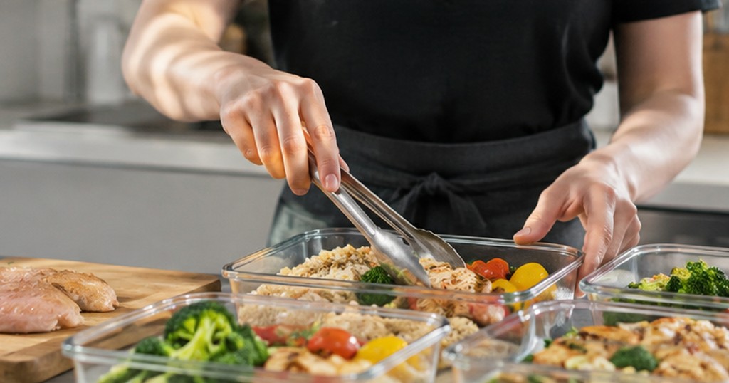 Meal prepping healthy food containers with chicken, rice, and vegetables
