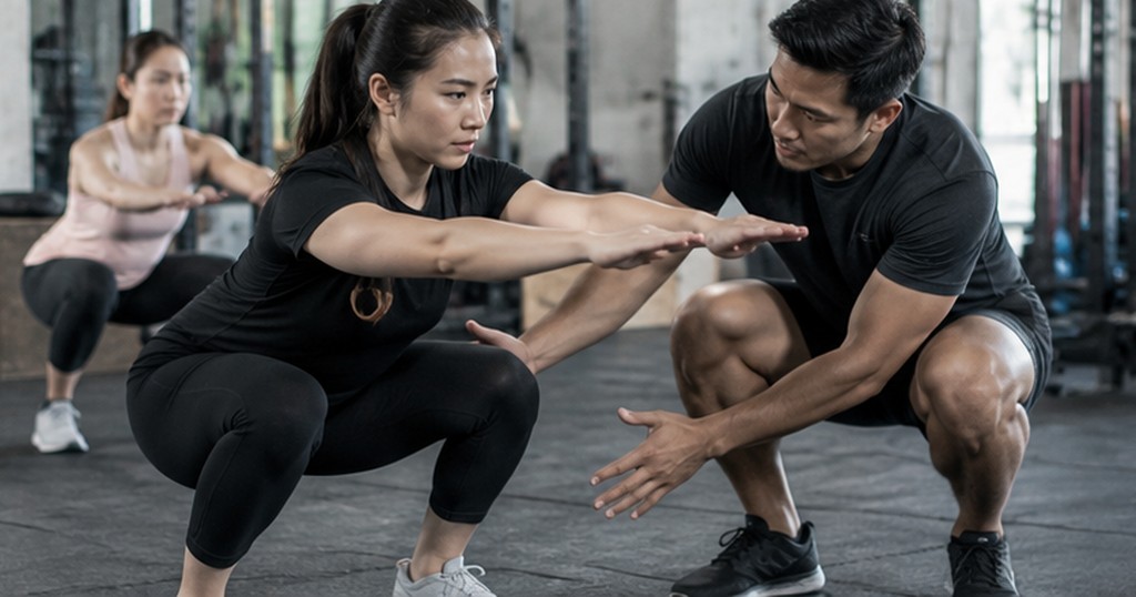 CrossFit coach guiding a beginner through proper squat form during group class
