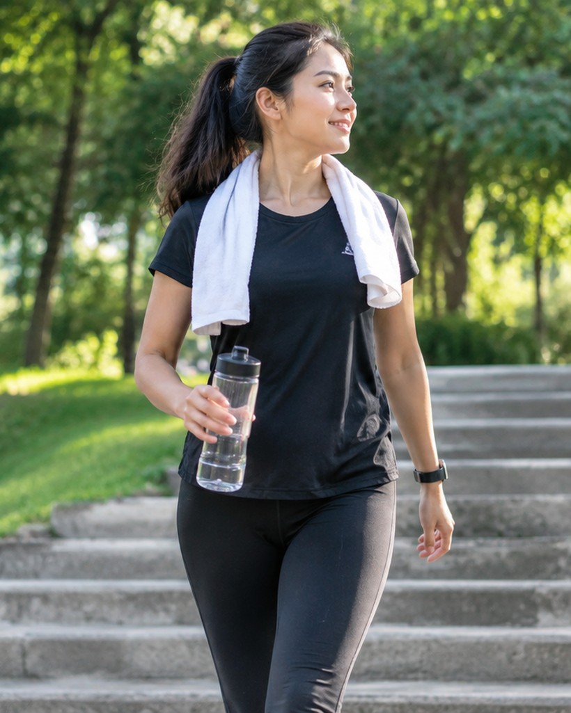 Woman walking outdoors with a water bottle and towel, active lifestyle