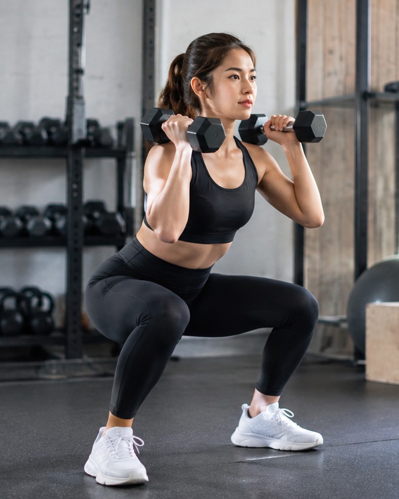 Woman performing a squat with dumbbells, demonstrating full-body strength exercise