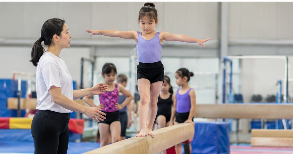 Gymnastics coach guiding a young student on balance beam technique
