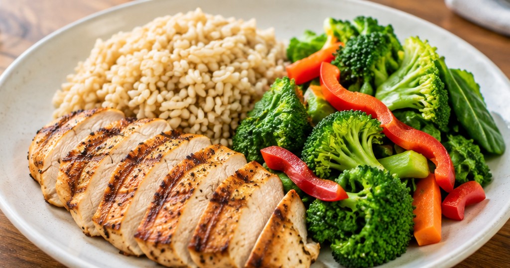 Balanced plate with grilled chicken, brown rice, and vegetables