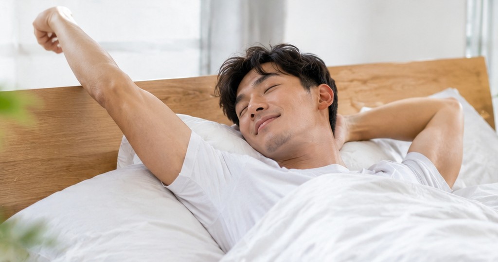 Man stretching and waking up refreshed in bed after a good night's sleep