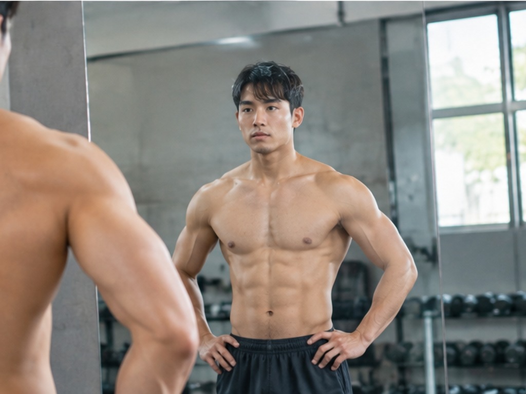 Shirtless man checking his physique in a gym mirror, tracking fitness progress