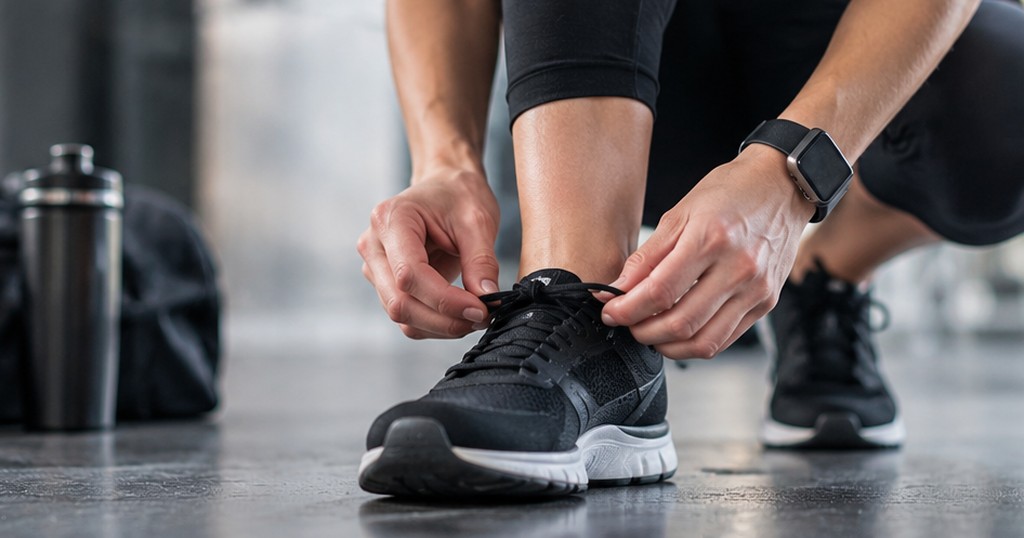 Person tying running shoes, taking the first step to start a workout