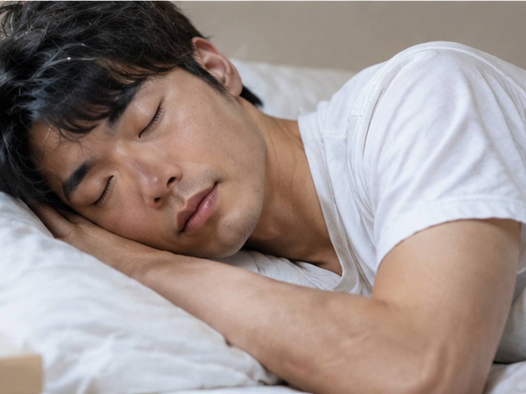 "Man sleeping peacefully in bed, representing the role of sleep in muscle recovery"