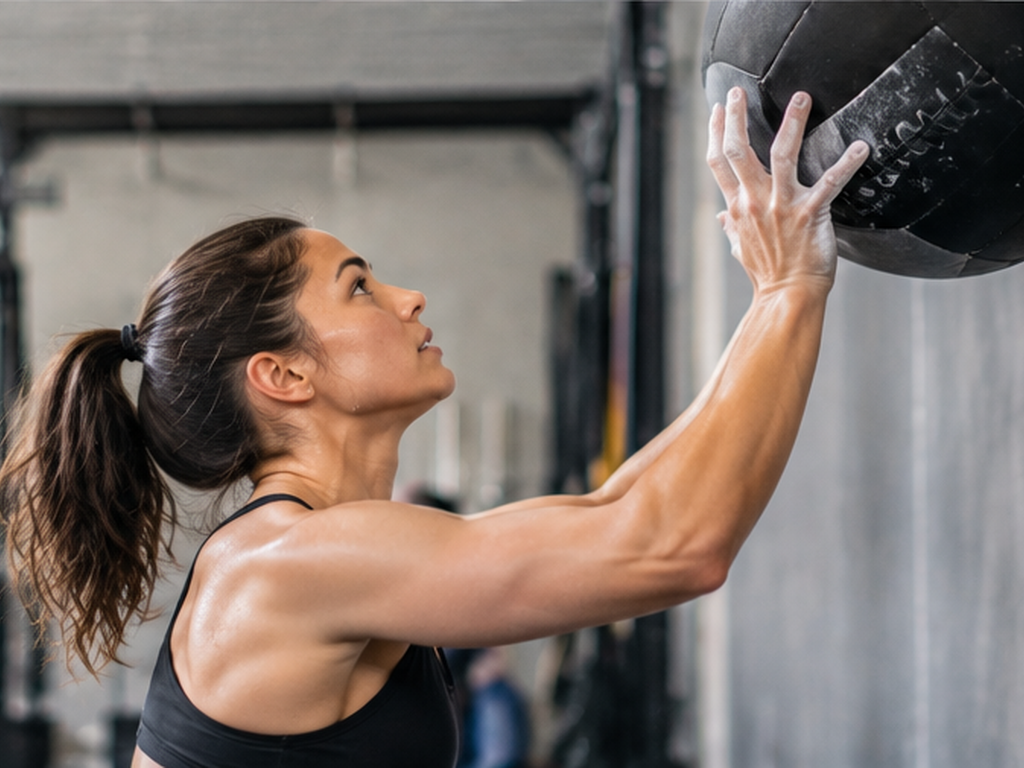 Woman doing wall ball throws during a CrossFit conditioning workout