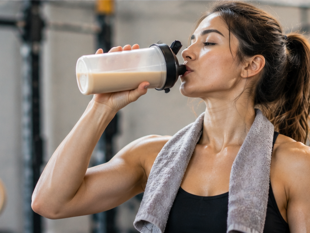 Woman drinking a protein shake after a workout in the gym