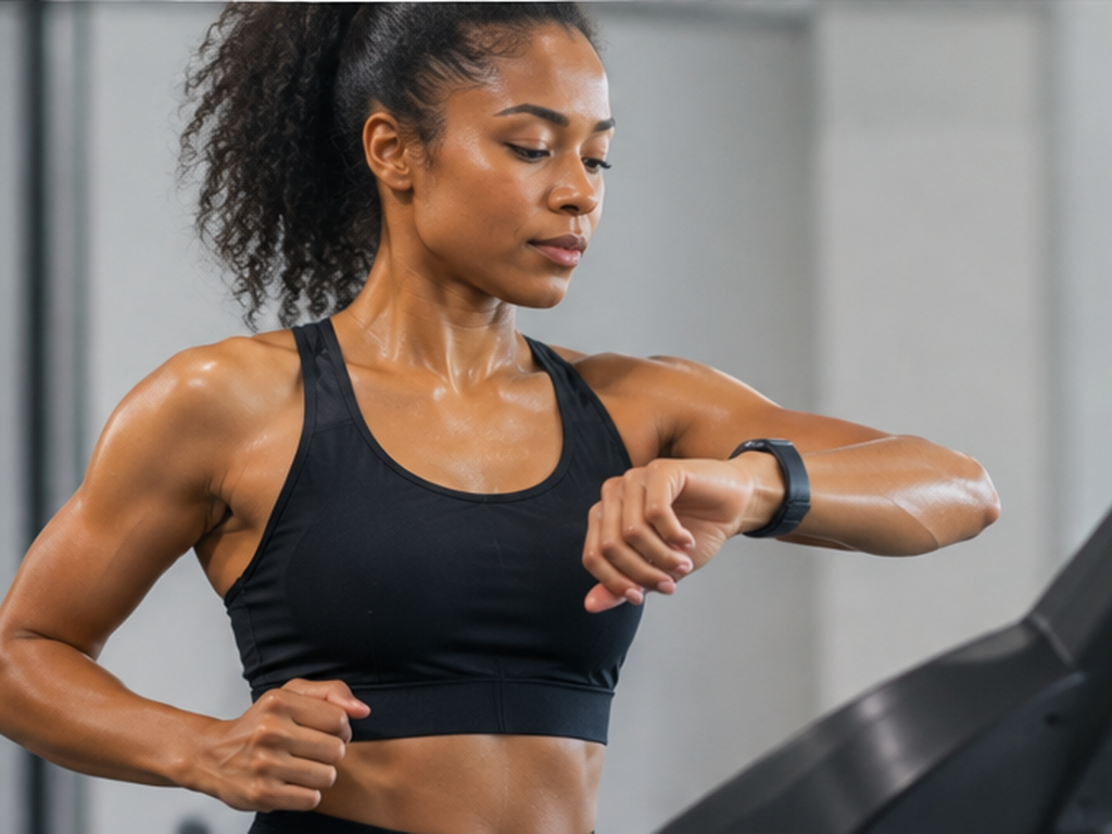 A woman wearing a heart rate monitor band checking her smartwatch while jogging lightly on an indoor treadmill.
