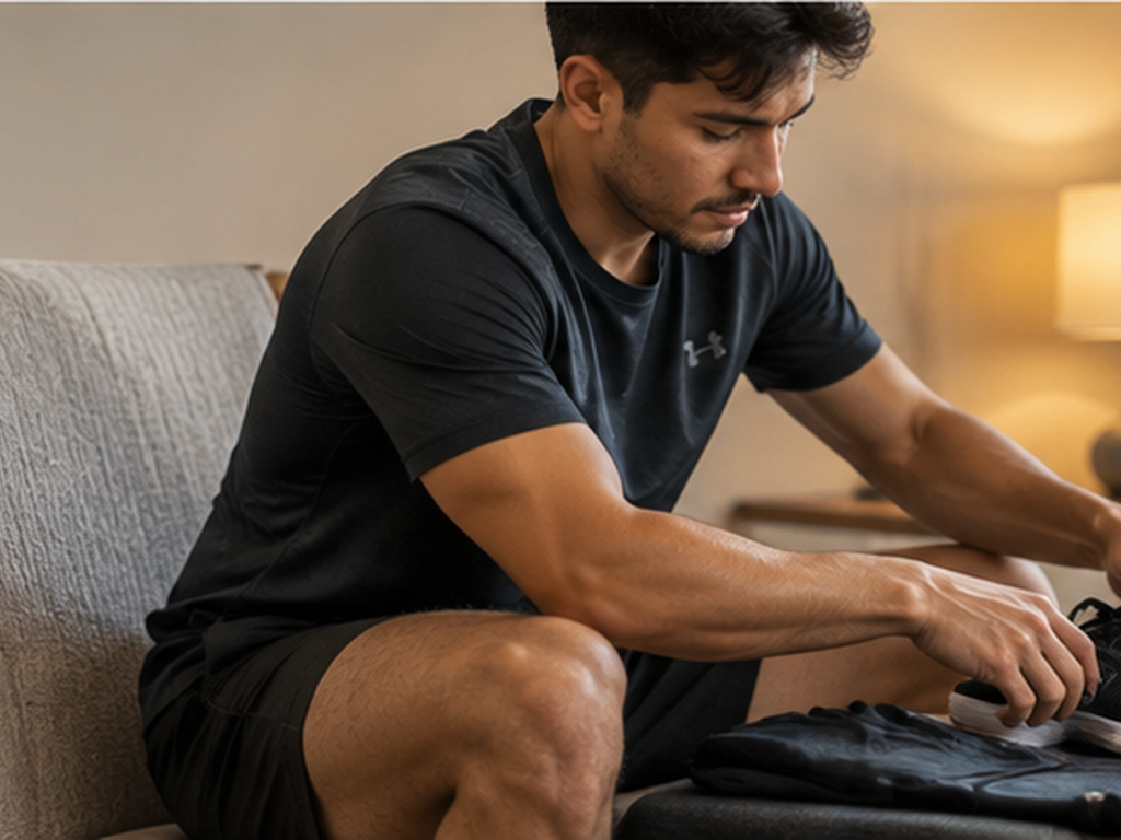A Hispanic man in activewear preparing his gym gear and laying out athletic shoes the night before a workout.
