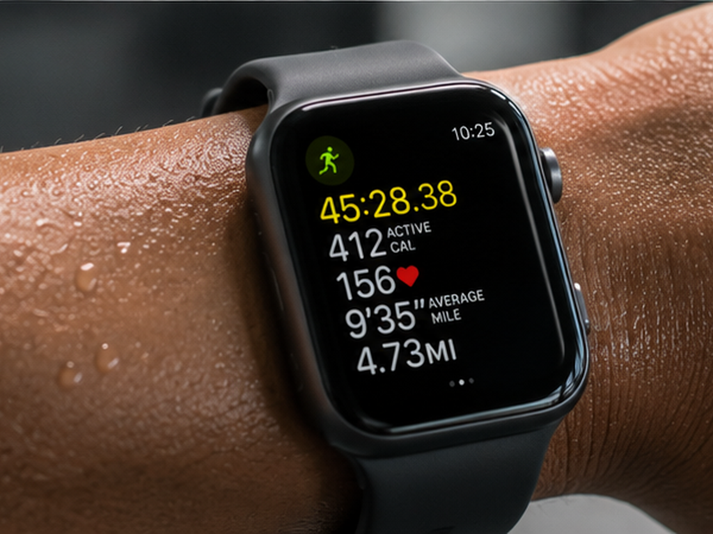 A fitness tracker displaying workout progress next to a water bottle and gym towel on a bench.
