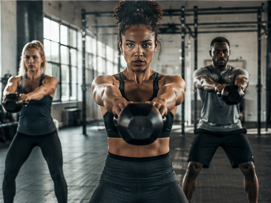 A group of athletes competing in a high-intensity kettlebell workout session during a functional fitness class.
