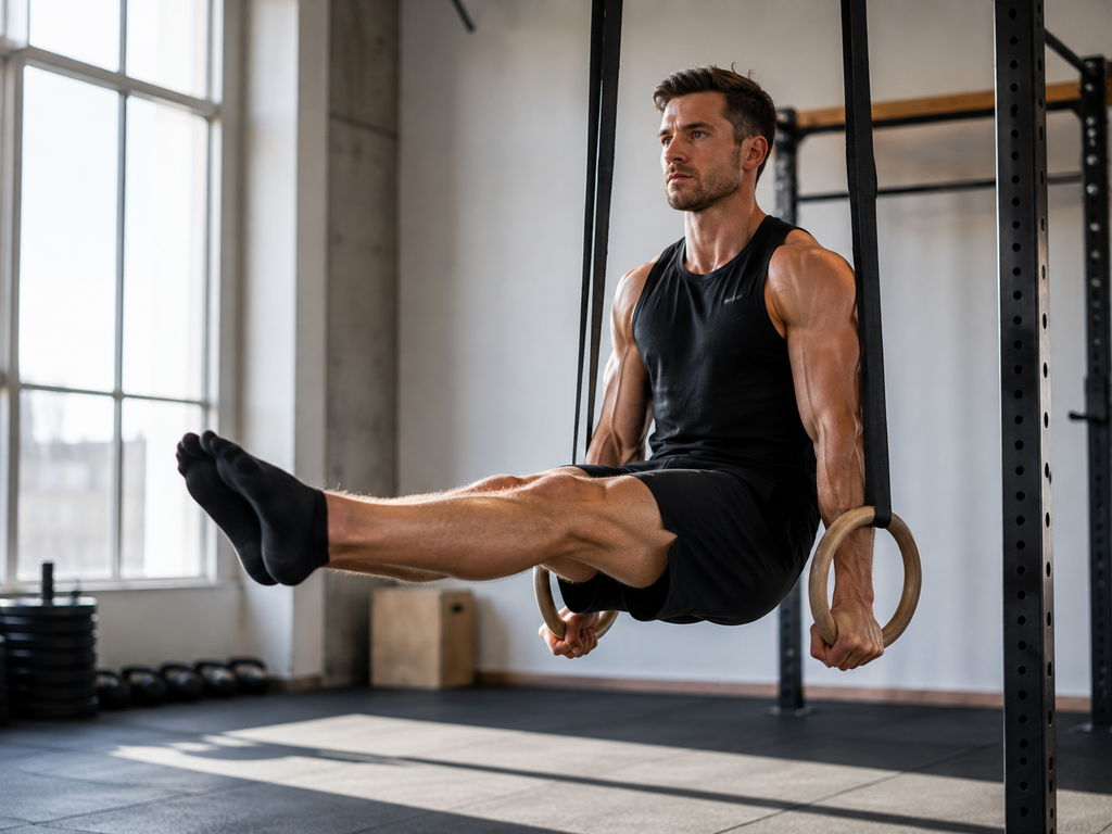 An athlete performing gymnastic ring dips with focused tension in an open wood-floor studio.
