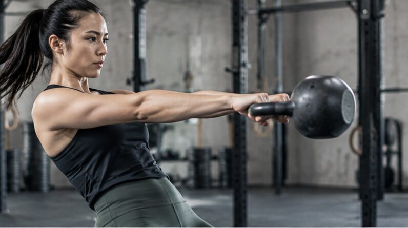 Woman performing a kettlebell swing in a CrossFit gym