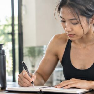 Woman writing in a fitness journal at a gym table, dumbbells and gym bag nearby, tracking her workout progress