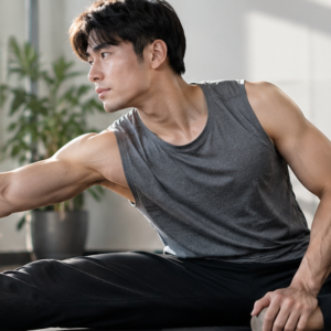 "Man stretching his hamstring on a yoga mat during a post-workout recovery routine"