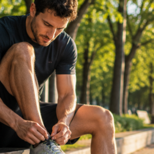 An athlete tying their running shoes in early morning light, getting ready for a workout.