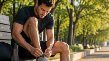 An athlete tying their running shoes in early morning light, getting ready for a workout.