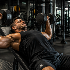 A dedicated bodybuilder performing heavy dumbbell chest presses on an incline bench in a modern athletic gym.