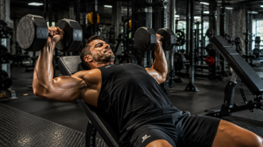 A dedicated bodybuilder performing heavy dumbbell chest presses on an incline bench in a modern athletic gym.
