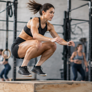 Woman performing box jumps during a CrossFit workout in a gym box