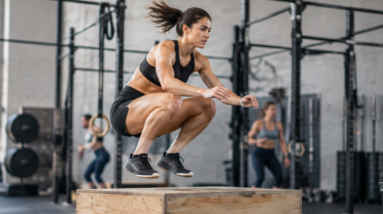 Woman performing box jumps during a CrossFit workout in a gym box
