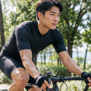 A man cycling on a road bike through a scenic park during a low-intensity zone 2 training session.