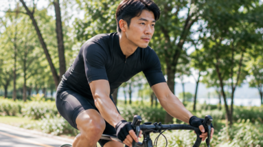 A man cycling on a road bike through a scenic park during a low-intensity zone 2 training session.