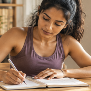 A person organizing their daily health habits and workout schedule in a clean journal alongside a glass of water on a modern desk.