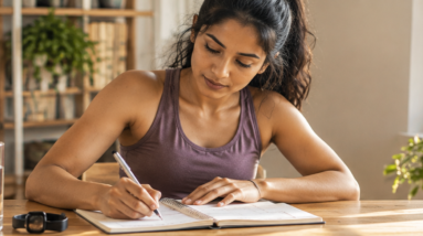 A person organizing their daily health habits and workout schedule in a clean journal alongside a glass of water on a modern desk.