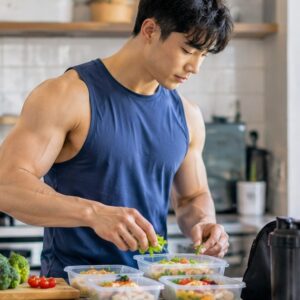 Man meal prepping healthy food next to a packed gym bag in a kitchen