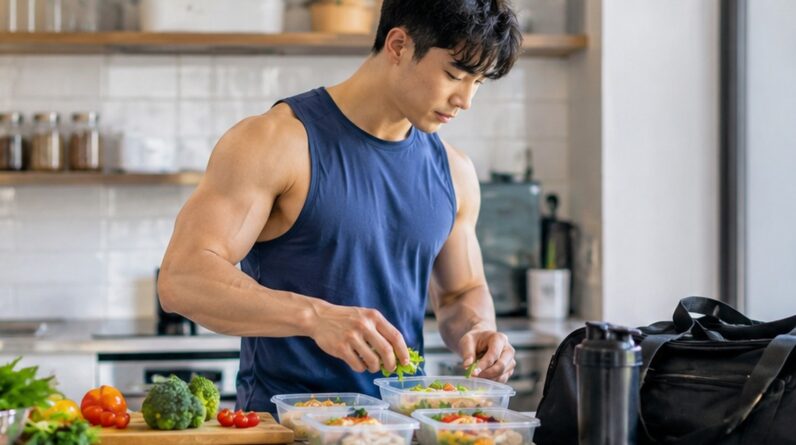 Man meal prepping healthy food next to a packed gym bag in a kitchen