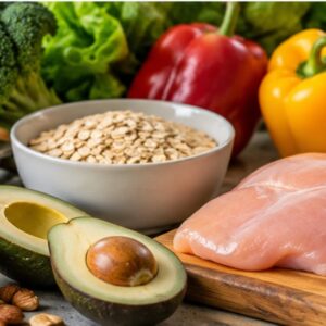 Whole food ingredients including eggs, avocado, oats, nuts, and chicken representing balanced macronutrients