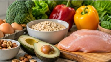 Whole food ingredients including eggs, avocado, oats, nuts, and chicken representing balanced macronutrients
