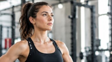 Focused woman in a gym looking determined before a workout