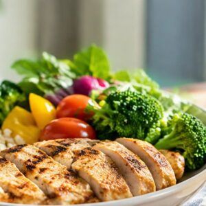 Healthy meal with grilled chicken, rice, and vegetables alongside a protein shake
