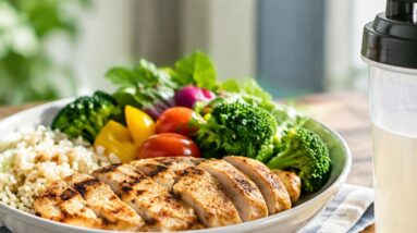 Healthy meal with grilled chicken, rice, and vegetables alongside a protein shake