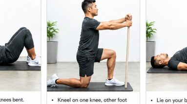 Man performing hip flexor stretch and glute bridge warm-up exercises before workout