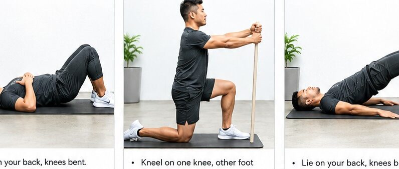 Man performing hip flexor stretch and glute bridge warm-up exercises before workout