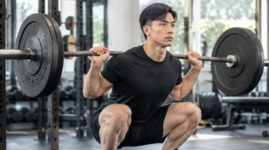 Man performing a barbell squat with proper form in a gym