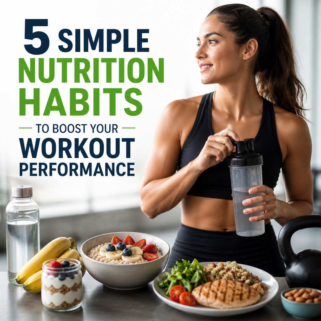 Fit woman with a shaker, healthy meals, and water, highlighting five nutrition habits for better workout performance.