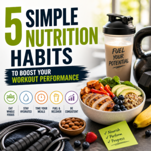 Infographic with five nutrition habits, featuring healthy foods, a shaker bottle, and exercise gear to enhance workout perfor