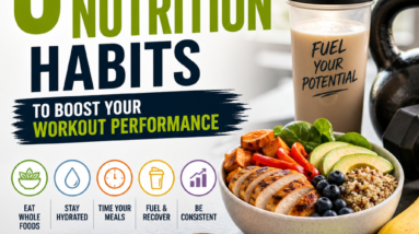 Infographic with five nutrition habits, featuring healthy foods, a shaker bottle, and exercise gear to enhance workout perfor