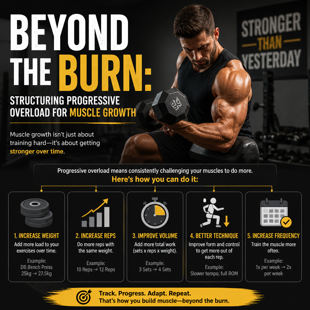 Infographic detailing progressive overload strategies for muscle growth: weight, reps, volume, technique, and frequency.