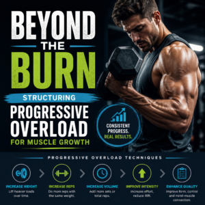 Muscular man lifting a dumbbell next to a graphic illustrating progressive overload techniques for muscle growth.