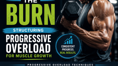 Muscular man lifting a dumbbell next to a graphic illustrating progressive overload techniques for muscle growth.