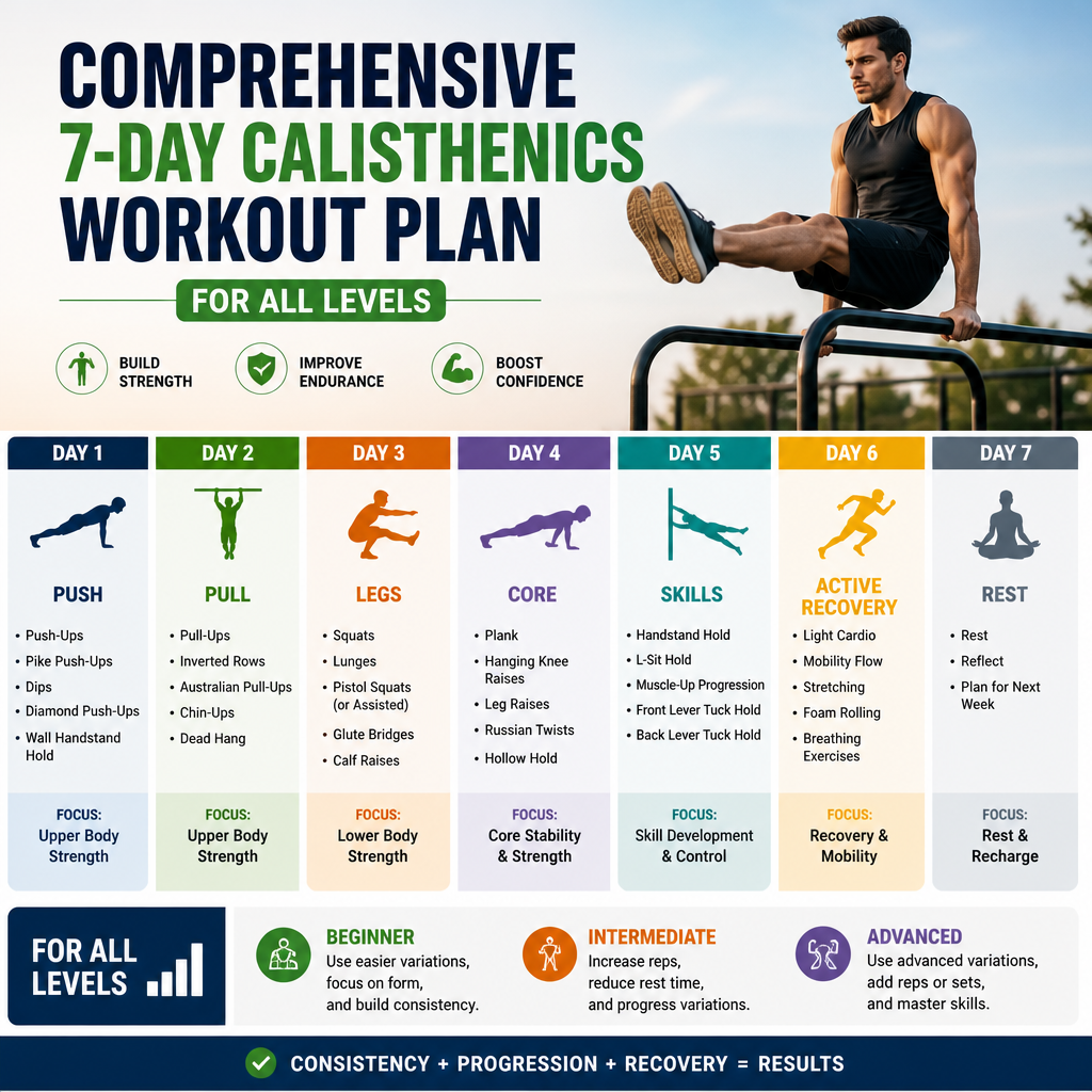 Infographic of a 7-day calisthenics workout plan for all fitness levels, showing exercises and progression.