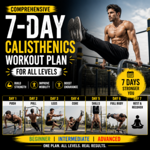Infographic of a 7-day calisthenics workout plan for all fitness levels, focusing on strength, flexibility, and endurance.