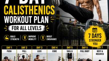 Infographic of a 7-day calisthenics workout plan for all fitness levels, focusing on strength, flexibility, and endurance.